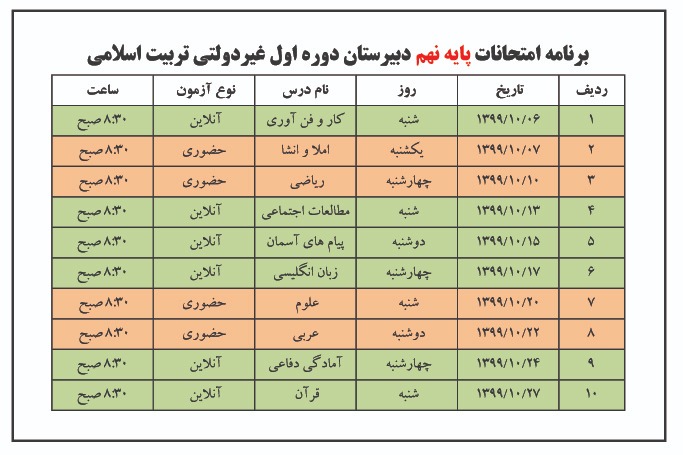 برنامه امتحانی نیمسال اول پایه نهم