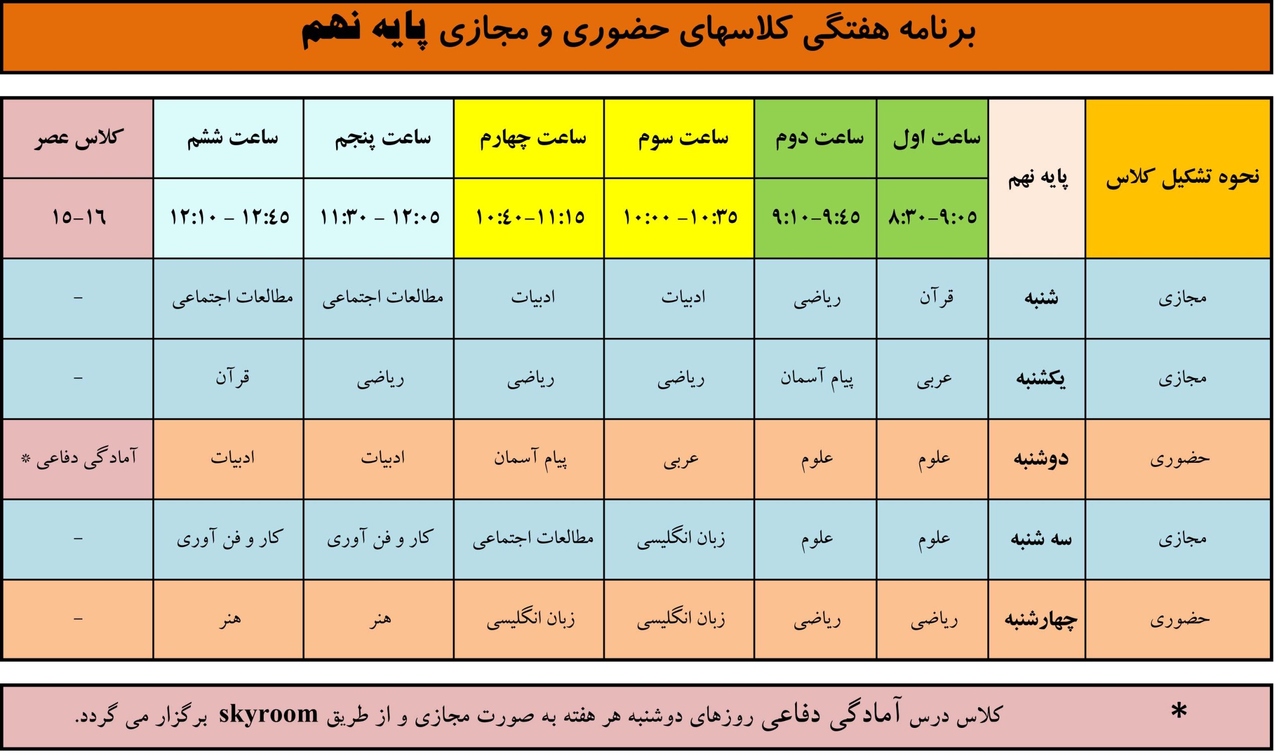 برنامه هفتگی پایه نهم، مجتمع آموزشی غیردولتی تربیت اسلامی