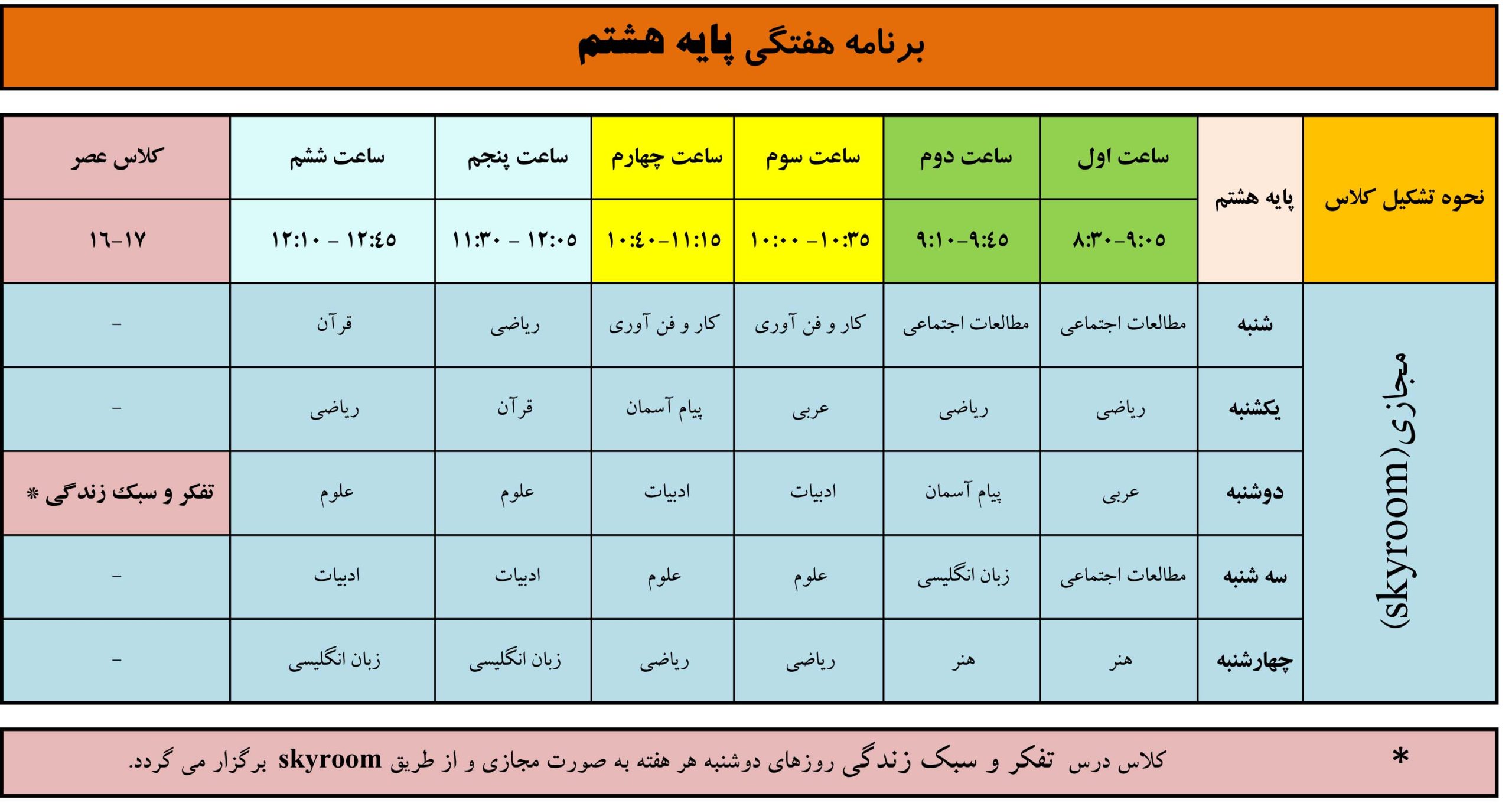 برنامه هفتگی پایه هشتم، مجتمع آموزشی غیردولتی تربیت اسلامی