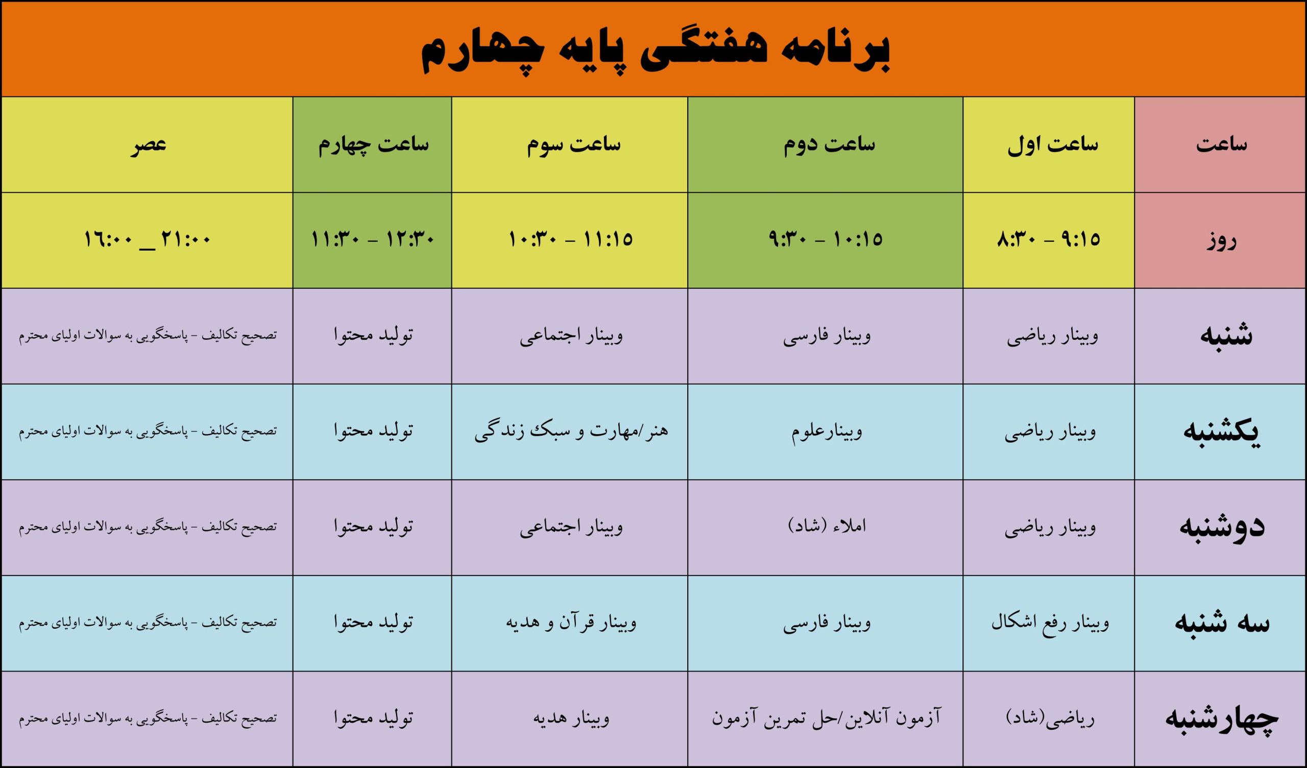 برنامه هفتگی پایه چهارم، مجتمع آموزشی غیردولتی تربیت اسلامی
